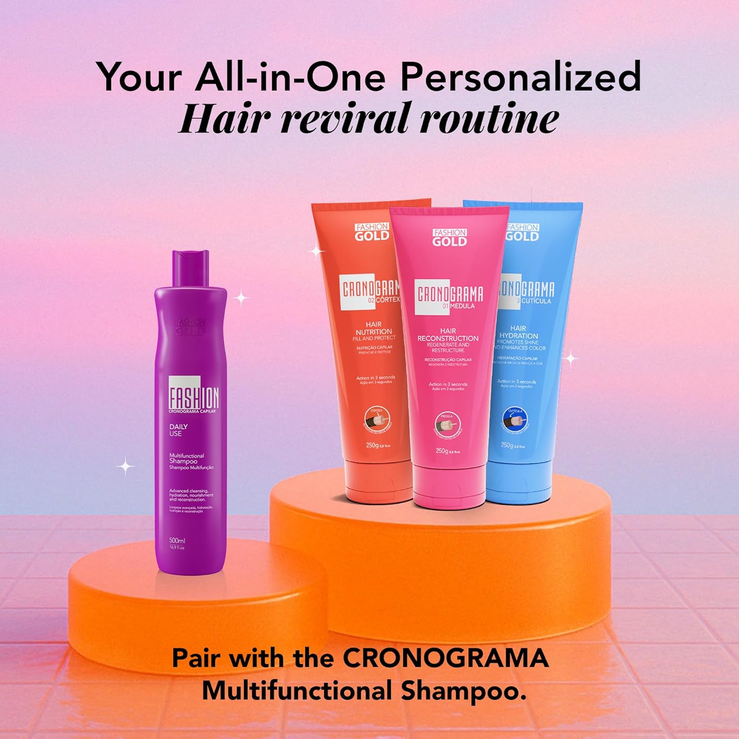 COMBO Cronograma Capilar Lata x3 Tubos 250gr c/u + Alisado Fashion Gold 300ml + Shampoo Protect 300ml + PreShampoo Protect 300ml + Mascara Protect 250gr