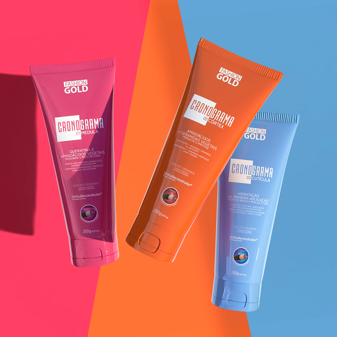 COMBO Cronograma Capilar Lata x3 Tubos 250gr c/u + Alisado Fashion Gold 300gr + Protect & Control Kit ( Shampoo 300ml + Máscara 250gr )
