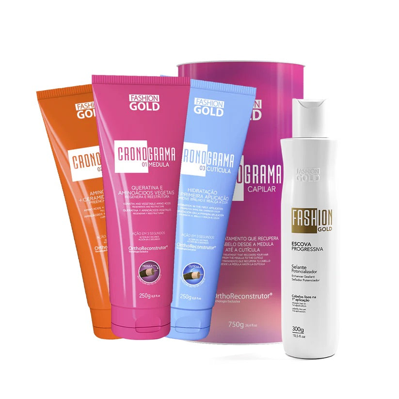 Cronograma Capilar Lata x3 Tubos 250 g c/u + alisado Fashion Gold 300 g