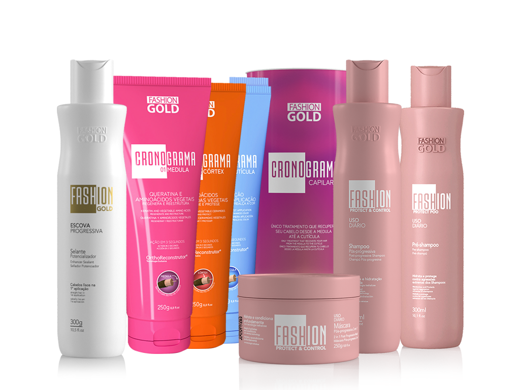 COMBO Cronograma Capilar Lata x3 Tubos 250gr c/u + Alisado Fashion Gold 300ml + Shampoo Protect 300ml + PreShampoo Protect 300ml + Mascara Protect 250gr