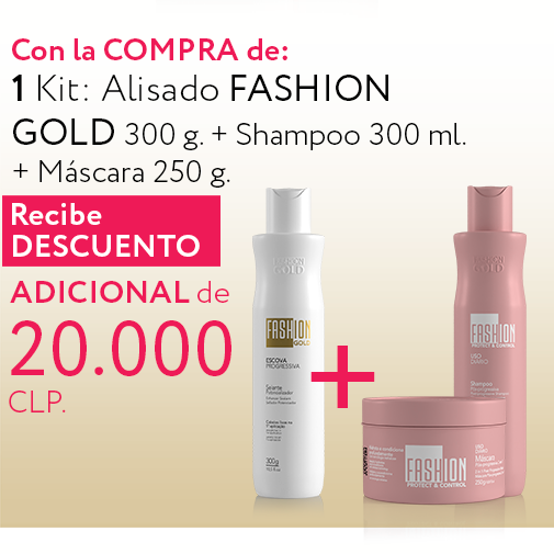 KIT Fashion Gold - Alisado en Casa 300 g + Protect & Control (Shampoo 300 ml + Mask 250 g)