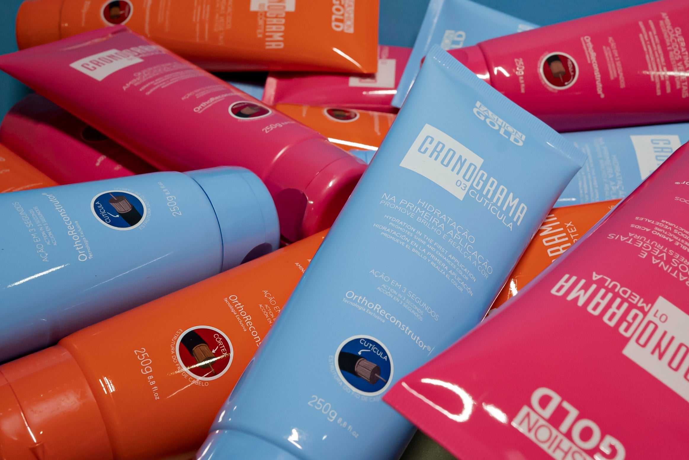 KIT Cronograma Capilar Lata x3 Tubos 250 g c/u + Fashion Gold Alisado 500 g + P&C (Shampoo 500 ml + Mask 500 g)